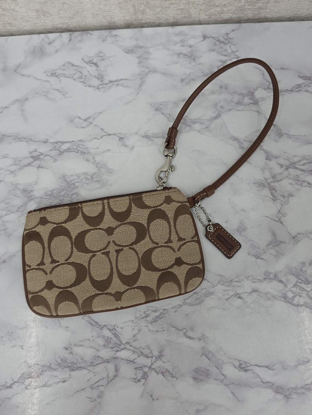 Coach Signature Canvas Brown Tan Wristlet with Hang Tag
